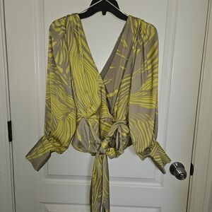 Banana Republic Chartreuse and Tan Patterned Blouse